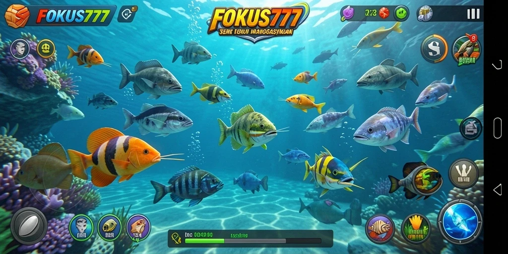 Tampilan gameplay <strong>FOKUS777</strong> dengan aksi menembak ikan yang seru.