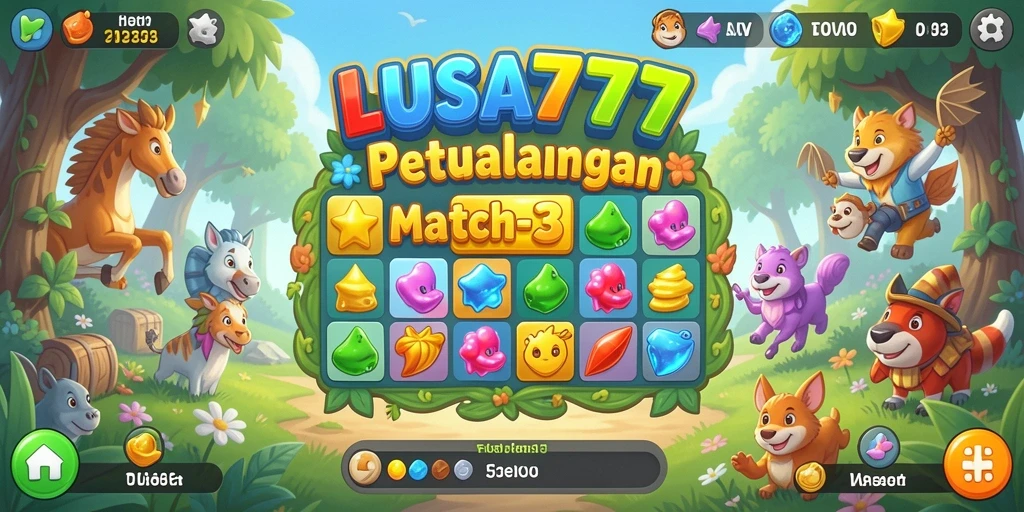 Tampilan gameplay seru LUSA777 dengan level Match-3 yang menantang.