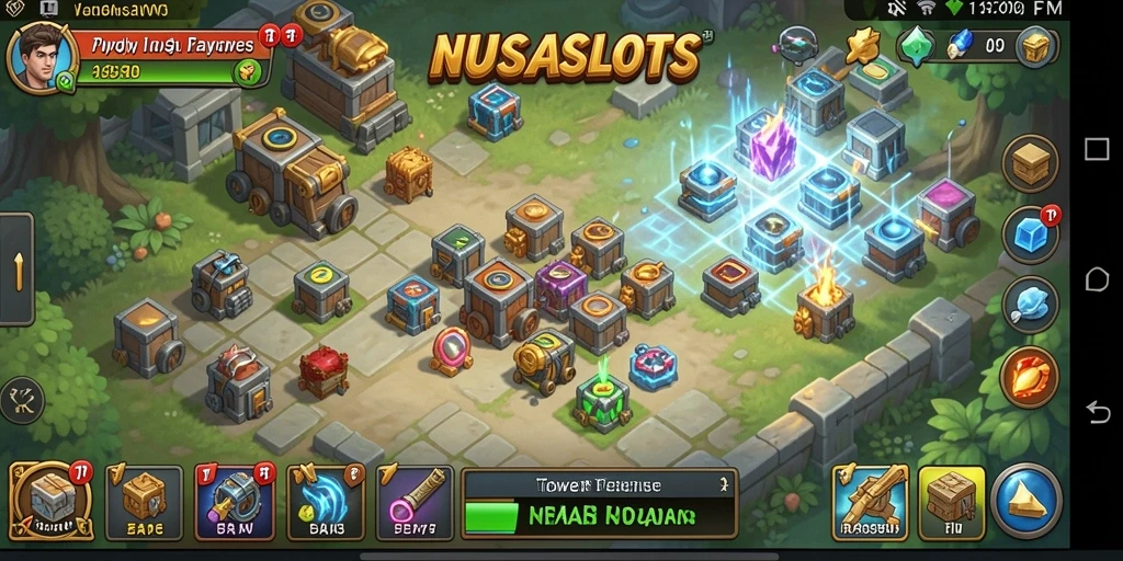 Gameplay seru NUSASLOTS menampilkan pertahanan melawan gelombang musuh.