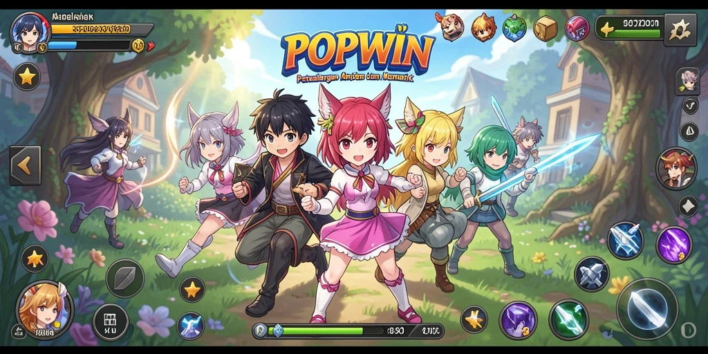 Tampilan screenshot utama <strong>POPWIN</strong> menampilkan aksi seru dengan karakter anime.