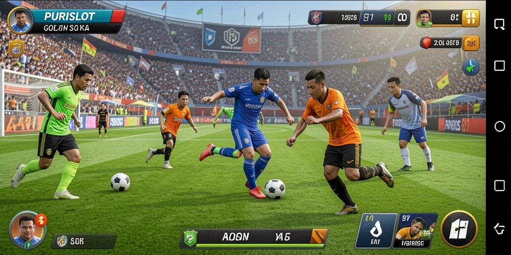 Tampilan gameplay seru dalam PURISLOT dengan aksi sepak bola nyata.