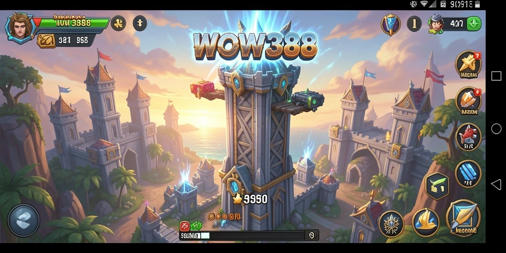 Tampilan gameplay WOW388 dengan menara pertahanan yang strategis.